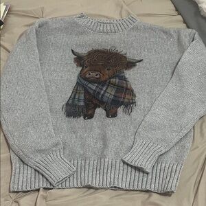 Gray Sweater with Highland Cow Design